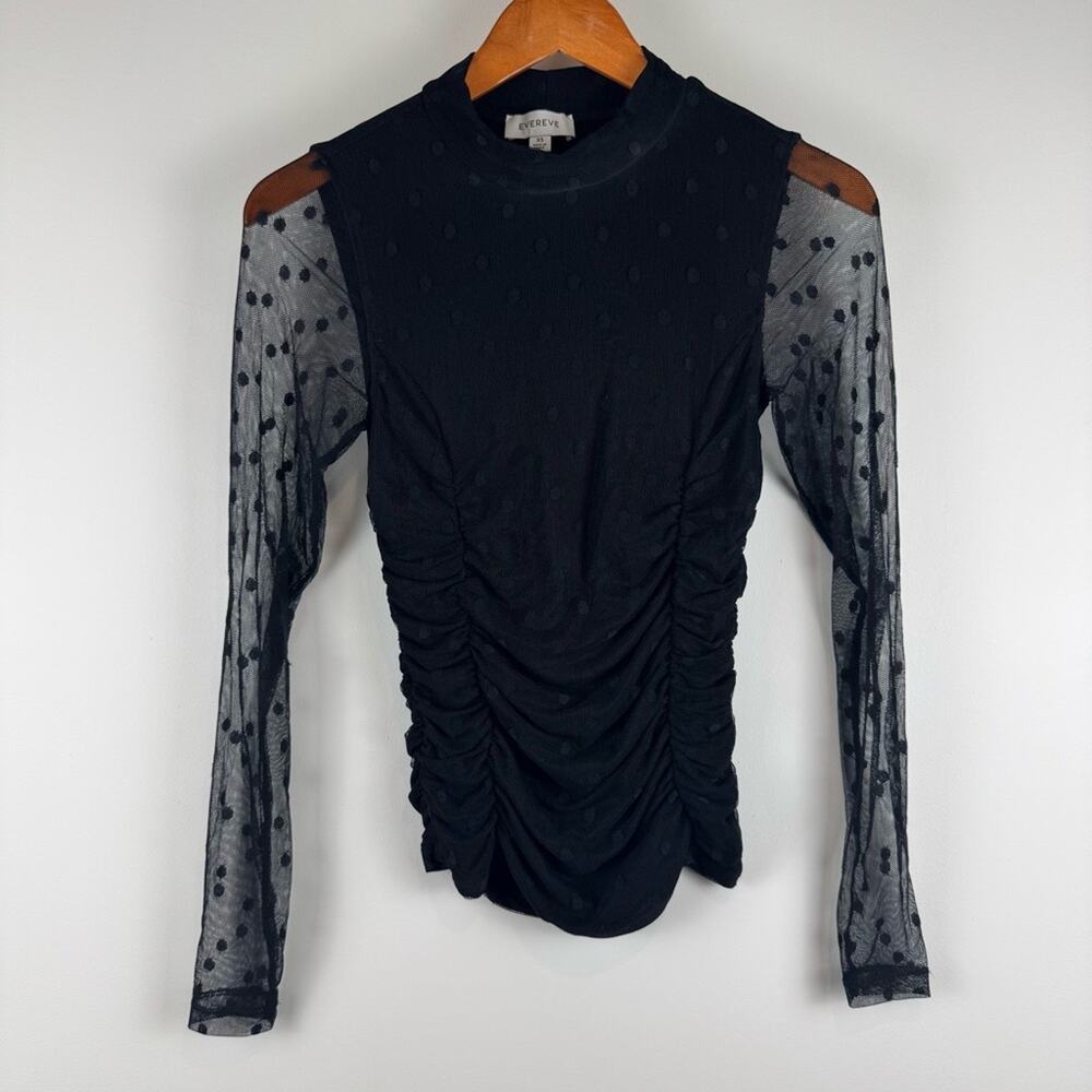 Evereve Sheer Black Ruched Top with Polka Dot Detail ~ XS